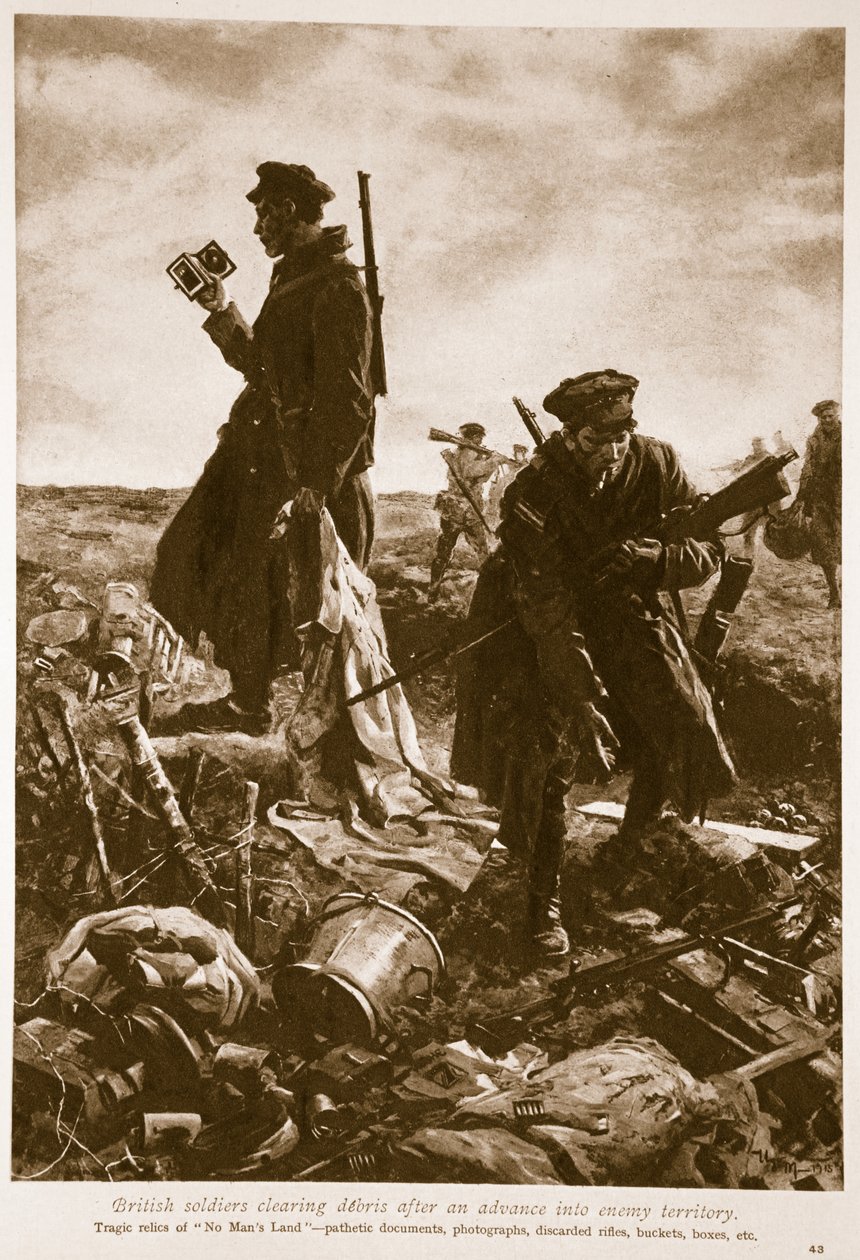 Britští vojáci odklízejí trosky po postupu na nepřátelské území, 1914-19 od English School