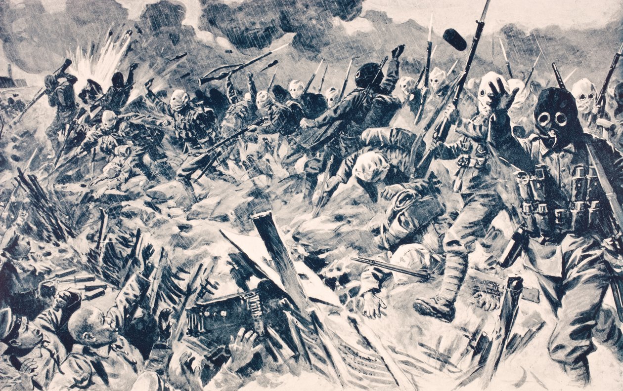 Britští vojáci v plynových maskách útočí na německé zákopy u Loosu ve Francii, 25. září 1915, z „The War Illustrated Album deLuxe“, vydaného v Londýně, 1916 od English School