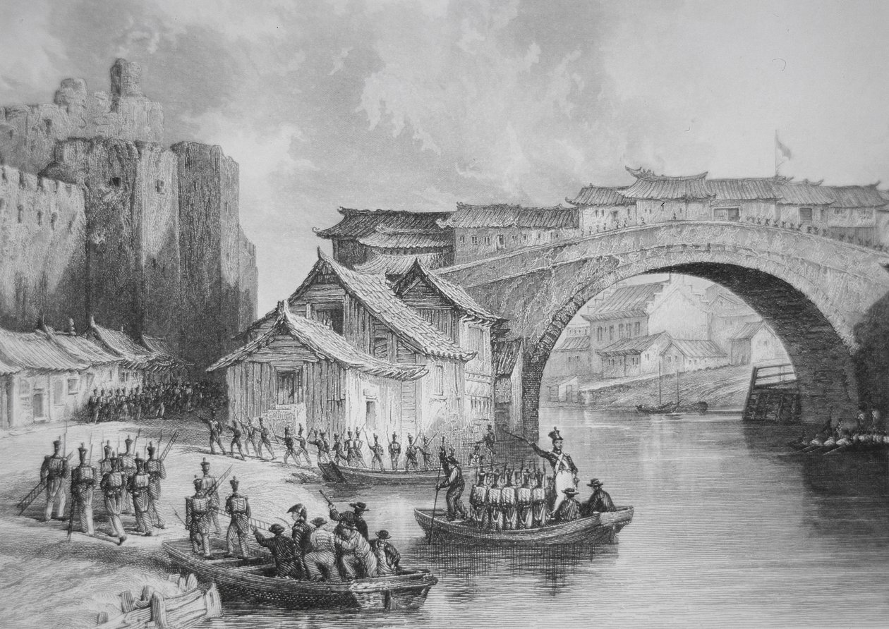 Britští vojáci přistávají u Západní brány Ching Keang během opiových válek, ilustrace podle náčrtu očitého svědka kapitána Stoddarda (litho) (čb verze 225386) od English School