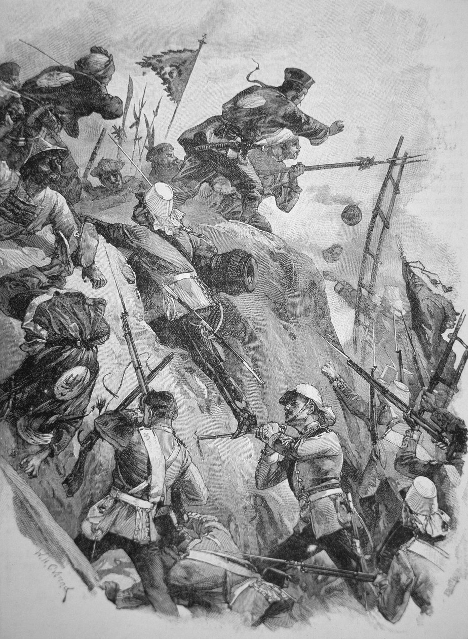 Britští vojáci zaútočili na pevnosti Taku v Číně v roce 1860 během opiových válek (litho) od English School