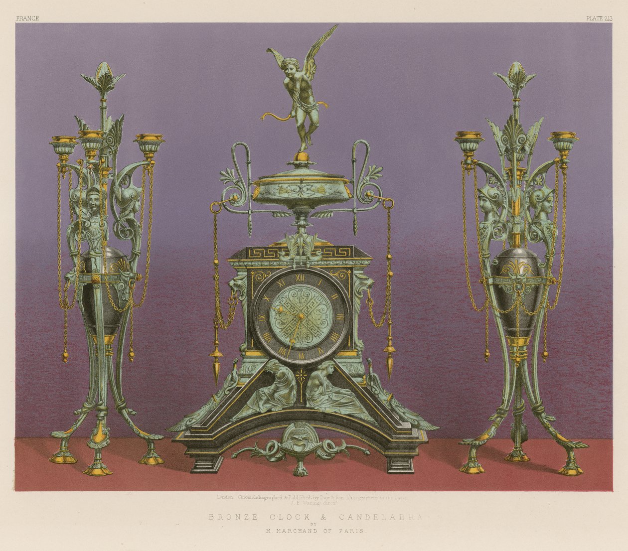 Bronzové hodiny a svícen od M. Marchanda z Paříže (chromolit) od English School