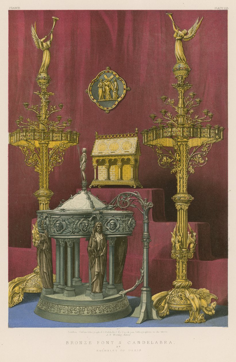 Bronzová křtitelnice a svícen od Bacheleta z Paříže (chromolit) od English School