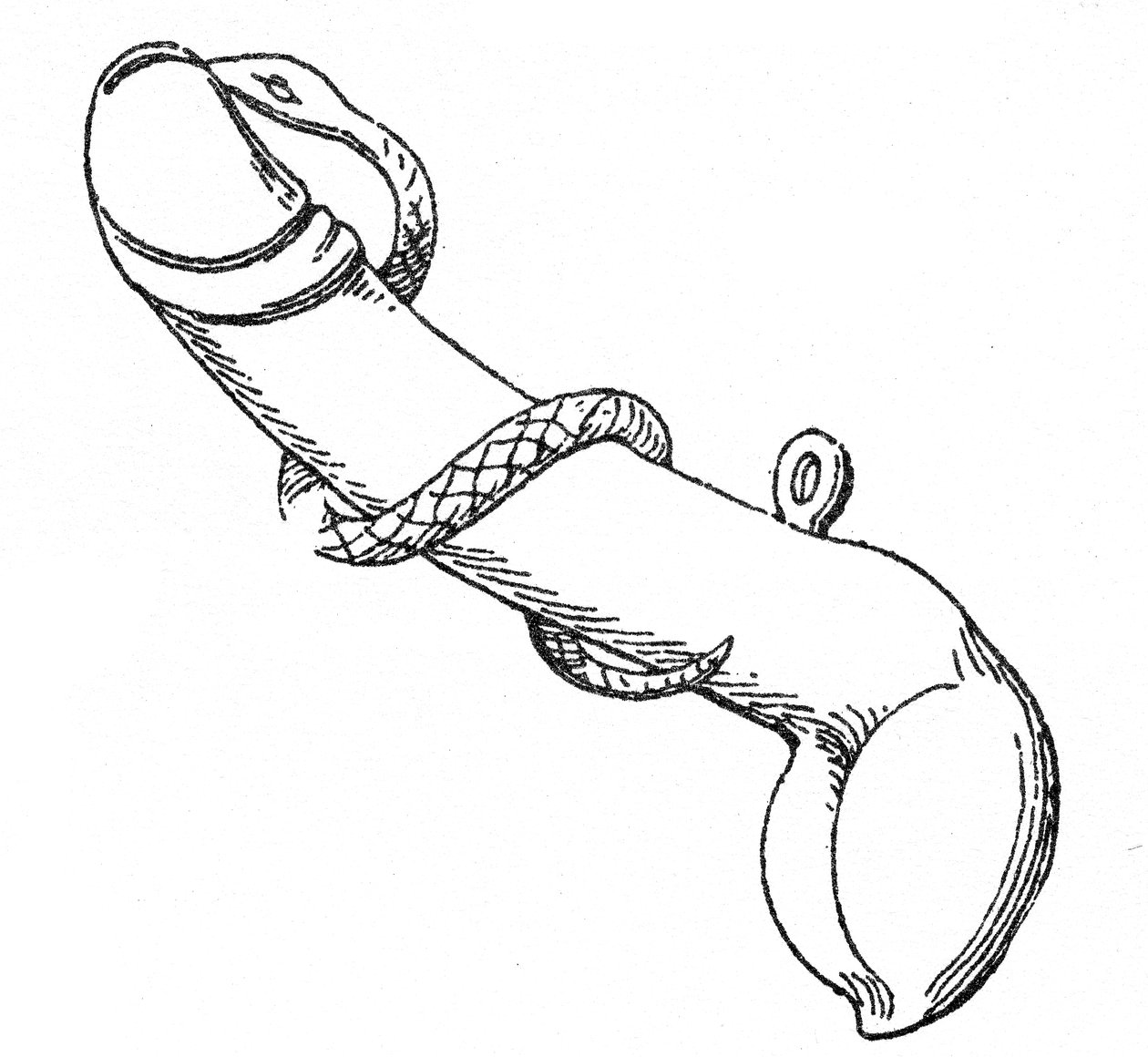 Bronzový amulet zobrazující falus obklopený hadem od English School