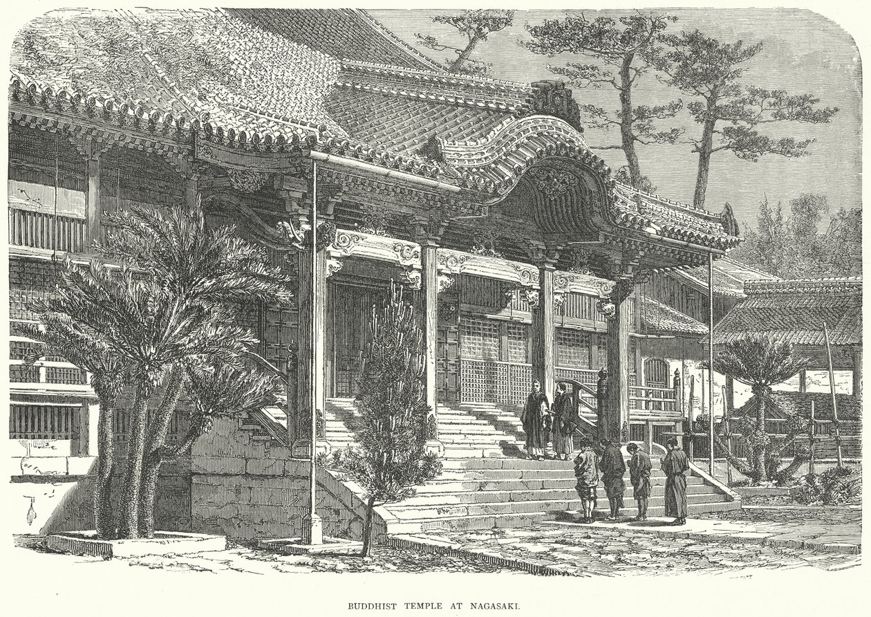 Buddhistický chrám v Nagasaki (rytina) od English School