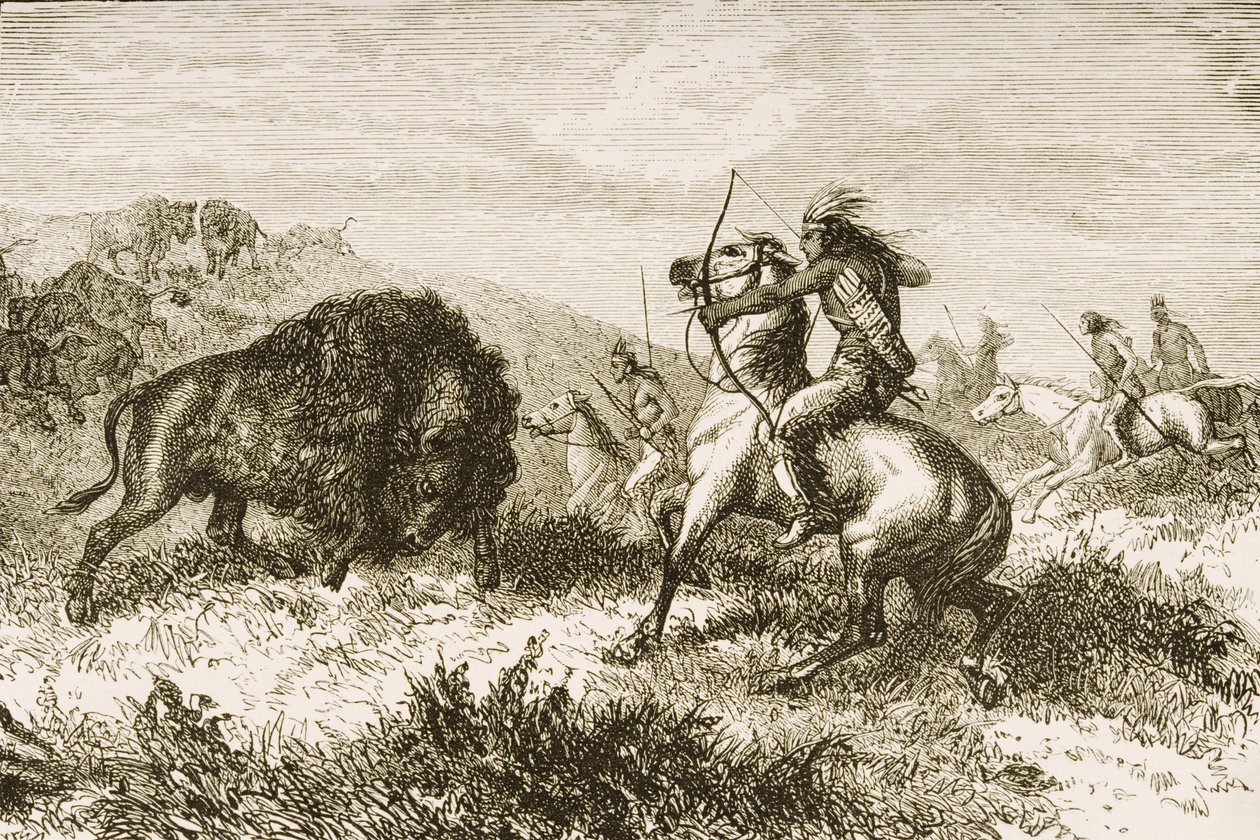 Lov buvolů na Great Plains mezi St. Louis a Denverem, kolem roku 1870, z 