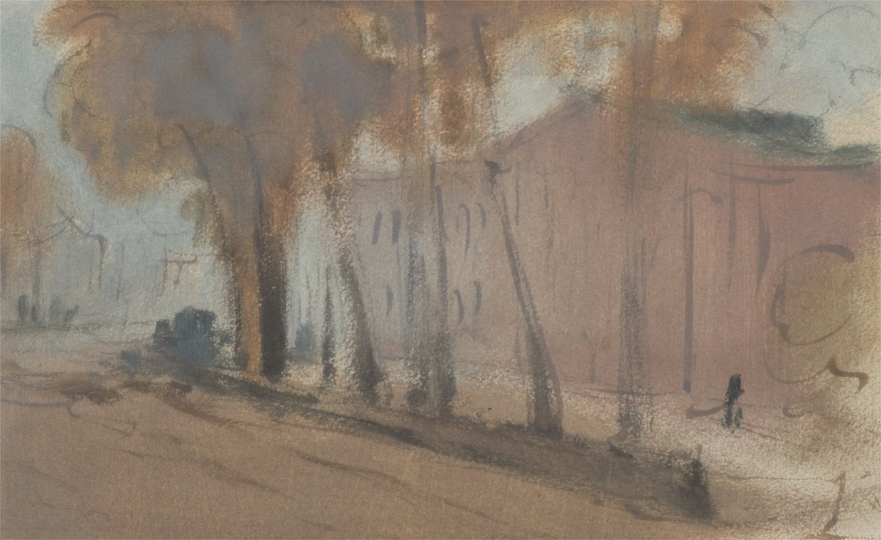 Budova se stromy (studie pro Chelsea Embankment), dříve připisovaná J.M.W. Turner (1775-1851) a také připisován Peteru de Wint (1784-1849), 1825-27 (olej na papíře) od English School