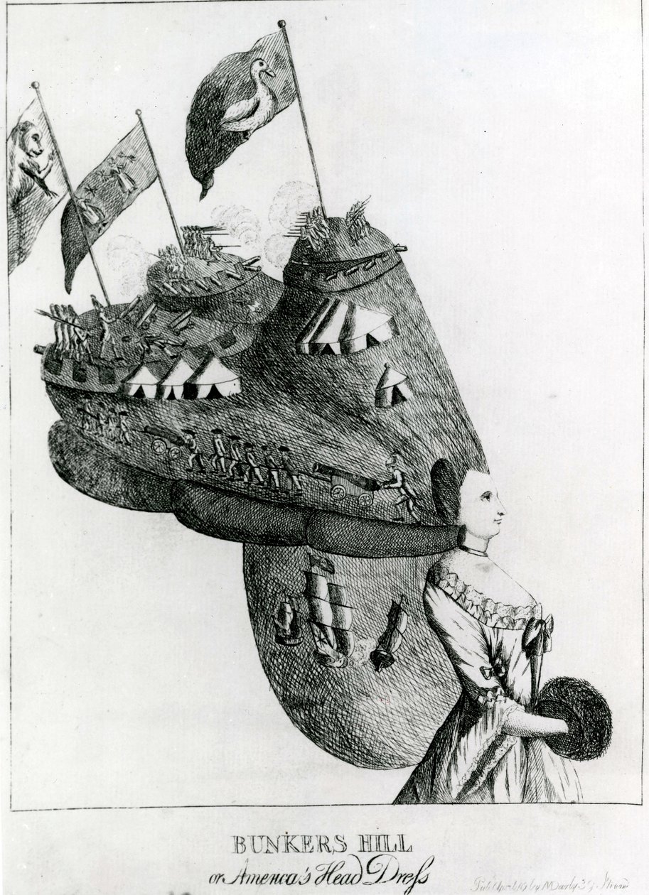 Bunkers Hill, nebo Americas Head Dress, 1776 od English School