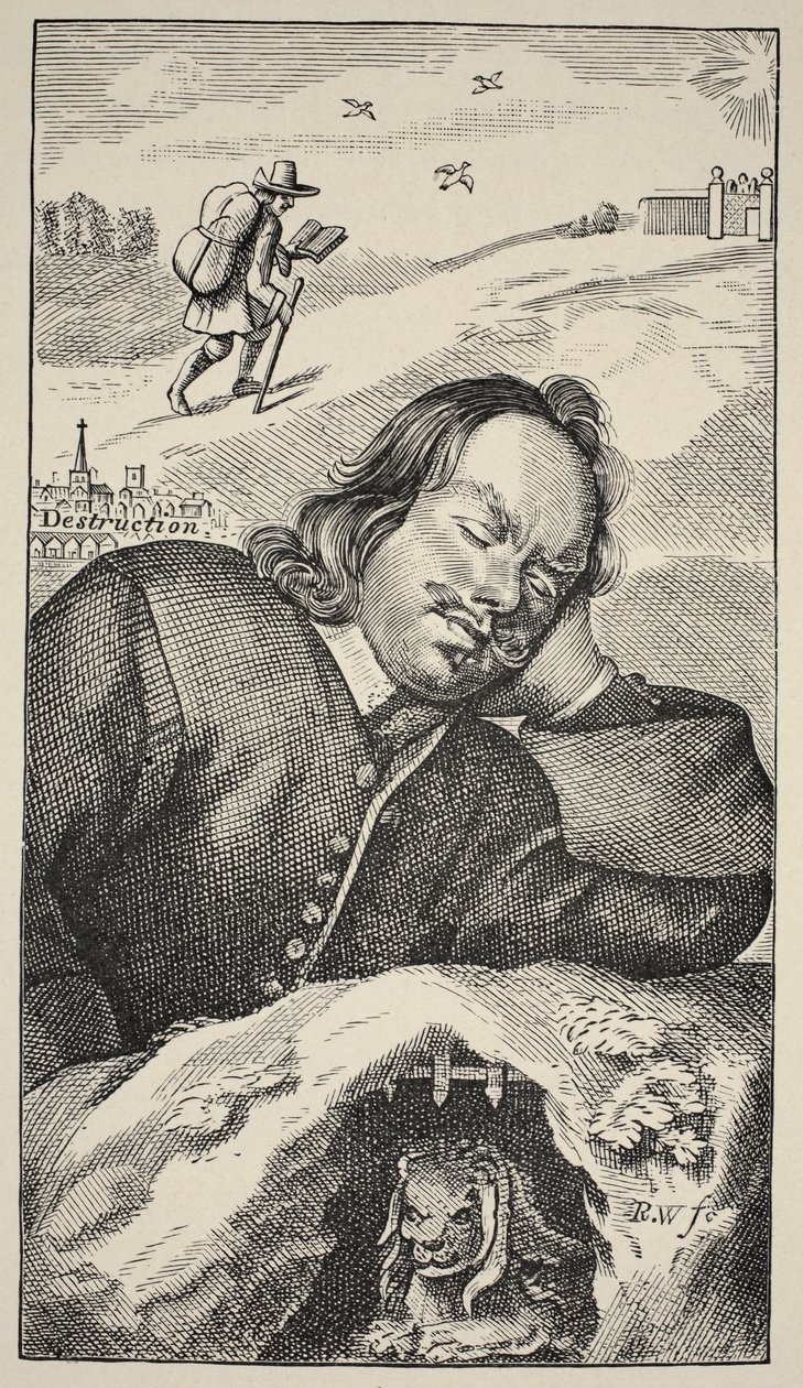Bunyans Dream, frontispis The Pilgrims Progress od Johna Bunyana (1628-88), 4. vydání, pub. 1680 (sépiová fotografie) od English School