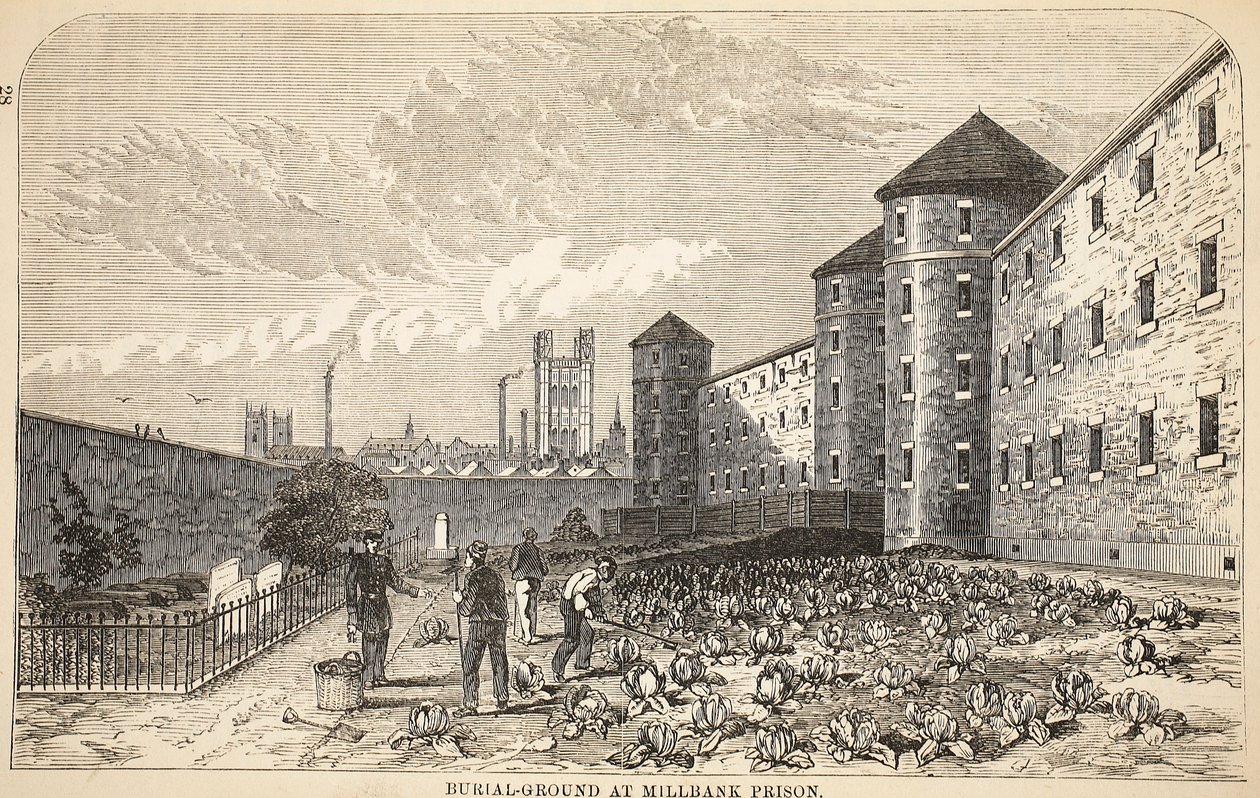 Pohřebiště ve věznici Millbank, ilustrace z knihy The Criminal Prisons of London and Scenes from Prison Life od Henryho Mayhewa a Johna Binnyho, vyd. 1862 od English School