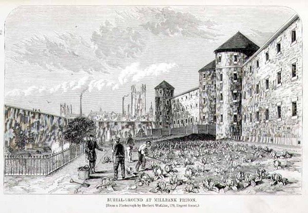 Pohřebiště ve věznici Millbank, z „The Criminal Prisons of London and Scenes of Prison Life“ od Henryho Mayhewa (1812-87) a Johna Binnyho od English School