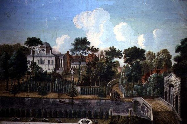 Burlington House, Chiswick, navržený Williamem Kentem (1685-1748) 1725-36 (barevná rytina) od English School