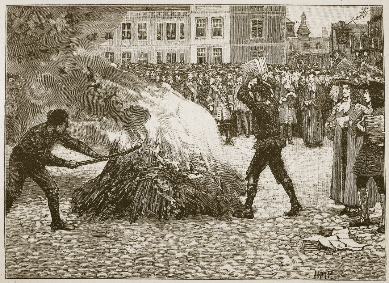 Pálení pamfletu Blounts Common Hangman, ilustrace z Cassells Illustrated History of England (sépiová fotografie) od English School