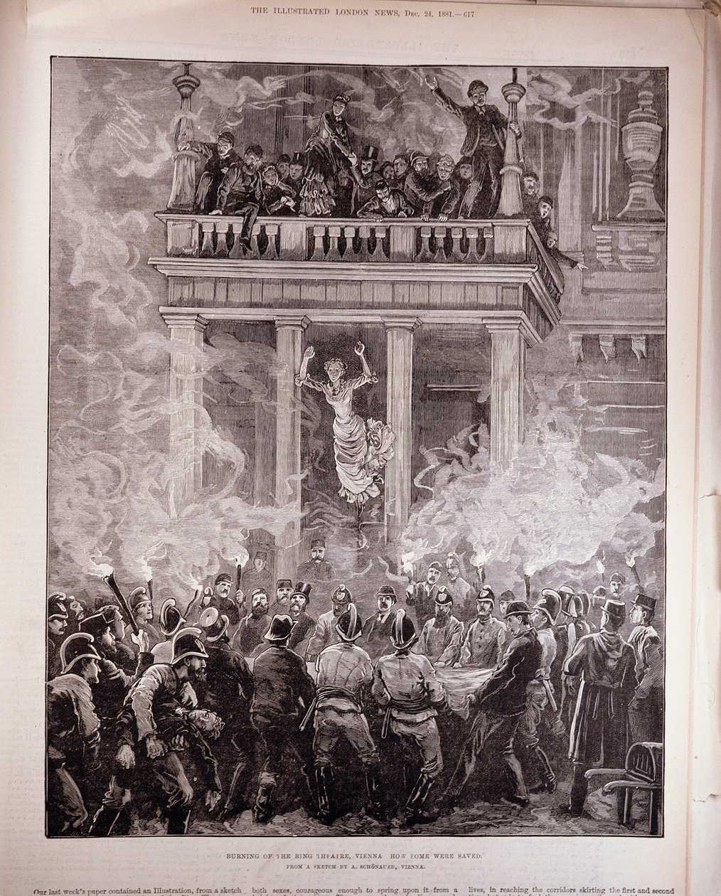 Burning of the Ring Theatre, Vídeň: Jak byli někteří zachráněni, z „The Illustrated London News“, 24. prosince 1881 (rytina) od English School