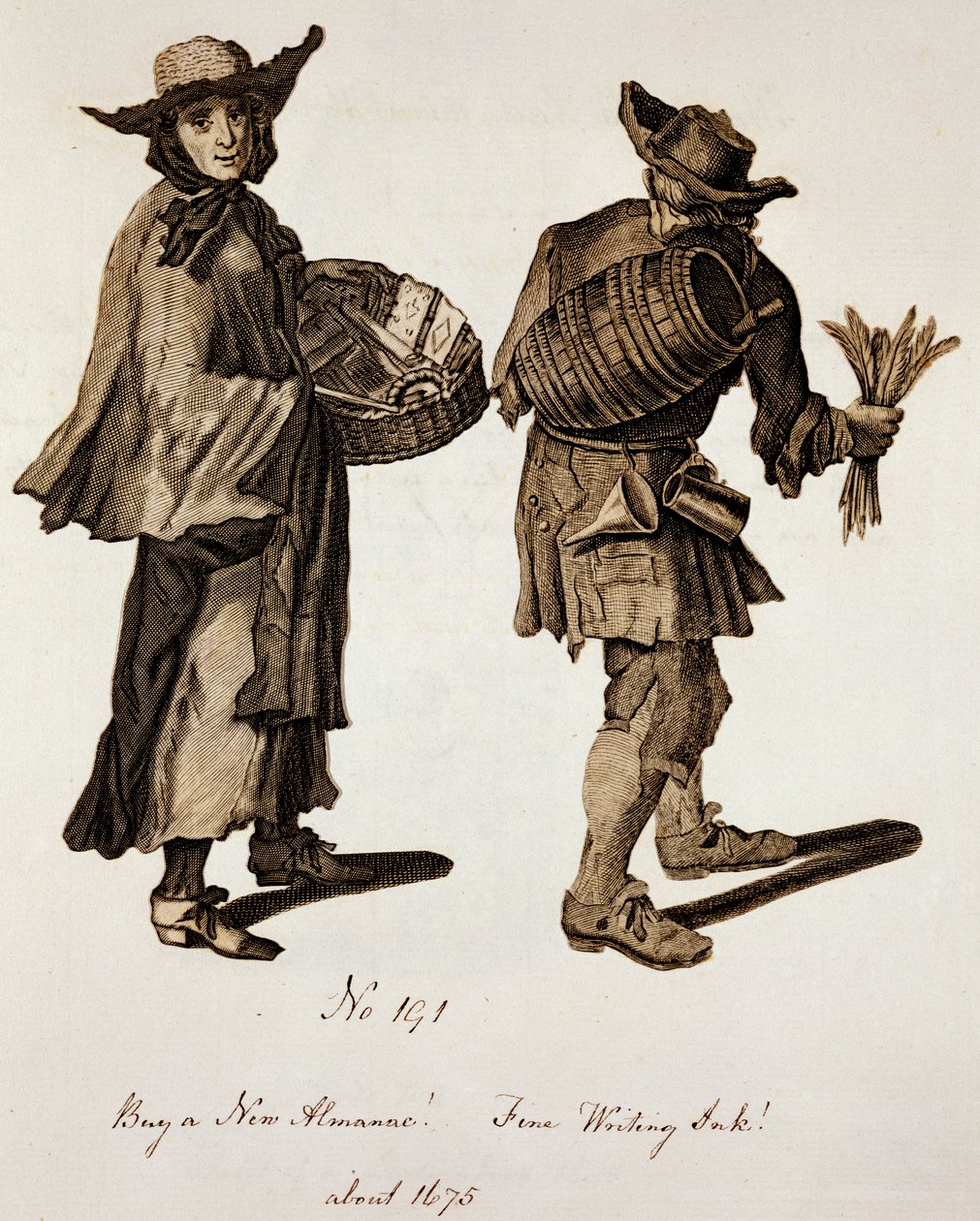 Kupte si nový almanach! Jemný inkoust!, ilustrace pouličních prodavačů kolem roku 1675 od English School