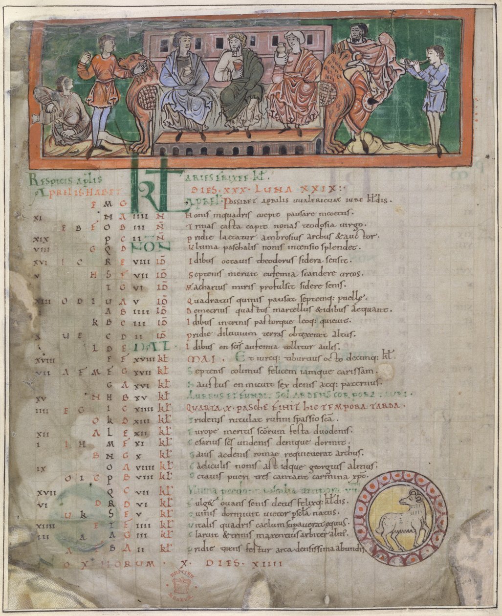 Stránka kalendáře na duben: Hody, ilustrace z „Anglosaského kalendáře“ (vellum) od English School