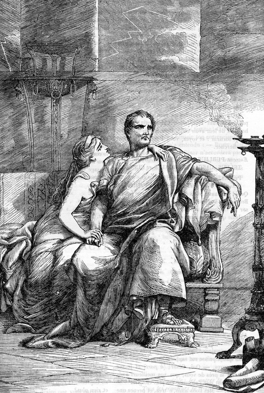 Calpurnia (Calpurnia Pisonis) a Caesar - Jules Cesar - Tragédie Julia Caesara - Ilustrace v „” Completes de William Shakespeare”” 1866 - Ilustrace a obecná forma tohoto vydání jsou vypůjčeny z Cassellova ilustrovaného Shakespeara, pub od English School