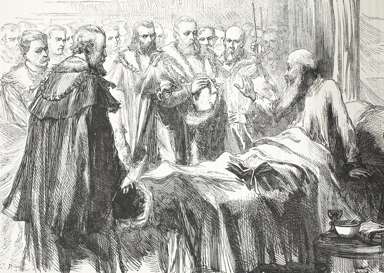 Calvin naposledy promlouvá ke koncilu, ilustrace z Historie protestantismu od Jamese Aitkena Wylie (1808-1890), hospoda. 1878 od English School