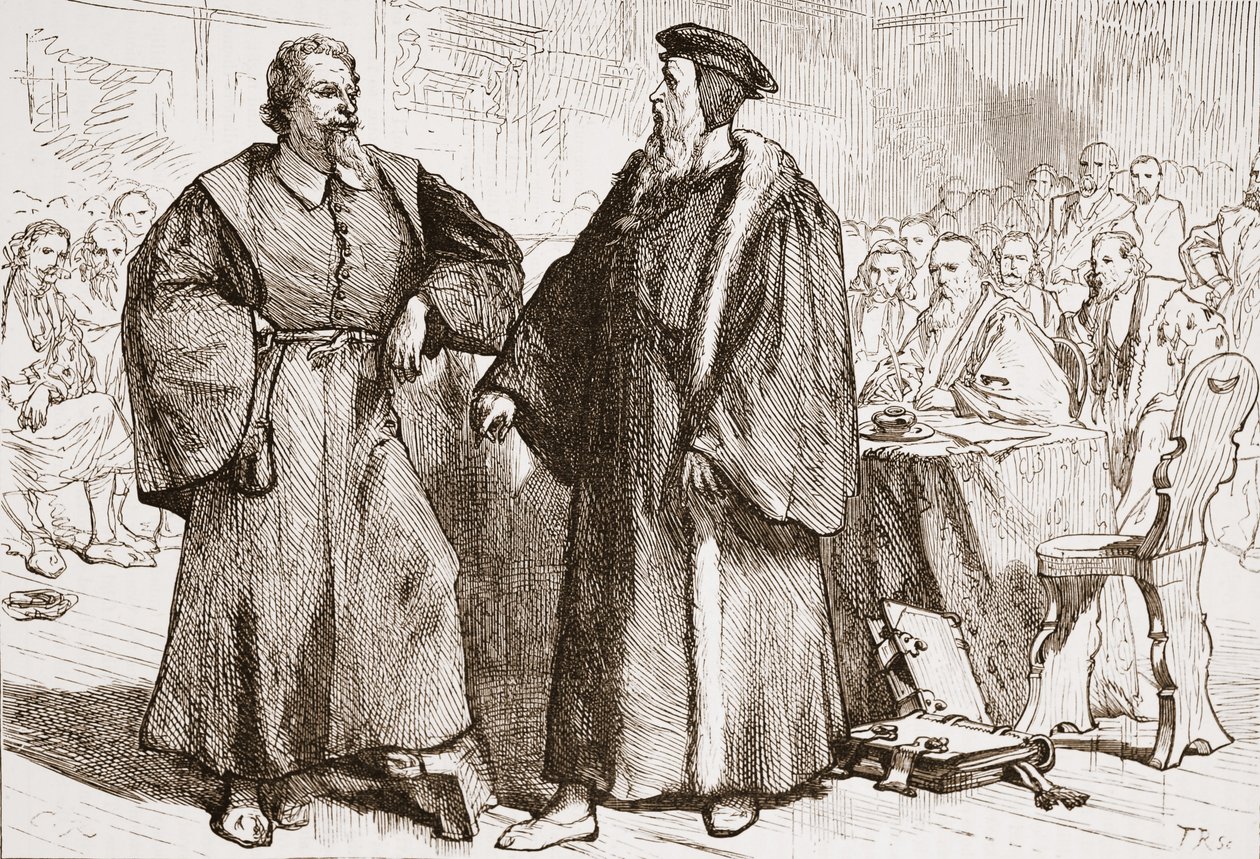 Calvin a Servetus před Ženevským koncilem, ilustrace z Historie protestantismu od Jamese Aitkena Wylie (1808-1890), pub. 1878 od English School