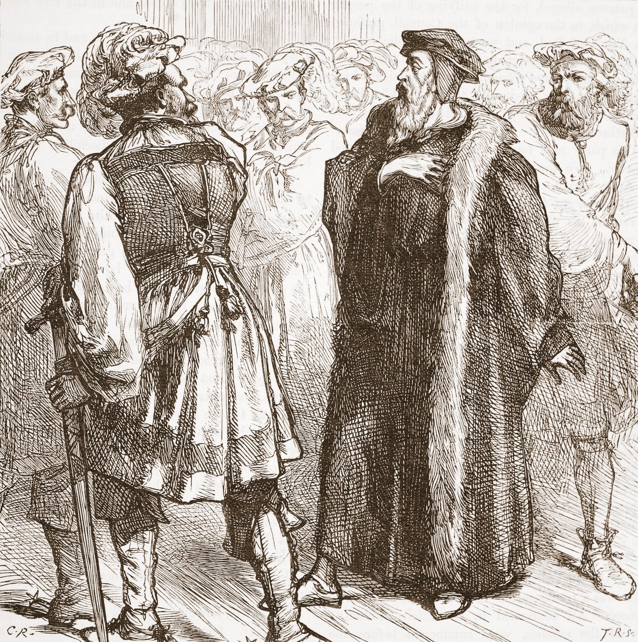 Kalvín před svými nepřáteli v koncilu, ilustrace z Historie protestantismu od Jamese Aitkena Wylie (1808-1890), hospoda. 1878 od English School