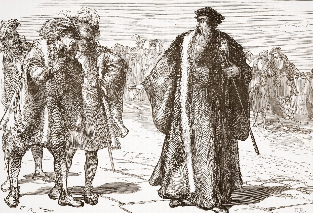 Calvin uražen Libertines na Rhone Bridge, ilustrace z Historie protestantismu od Jamese Aitkena Wylie (1808-1890), hospoda. 1878 od English School
