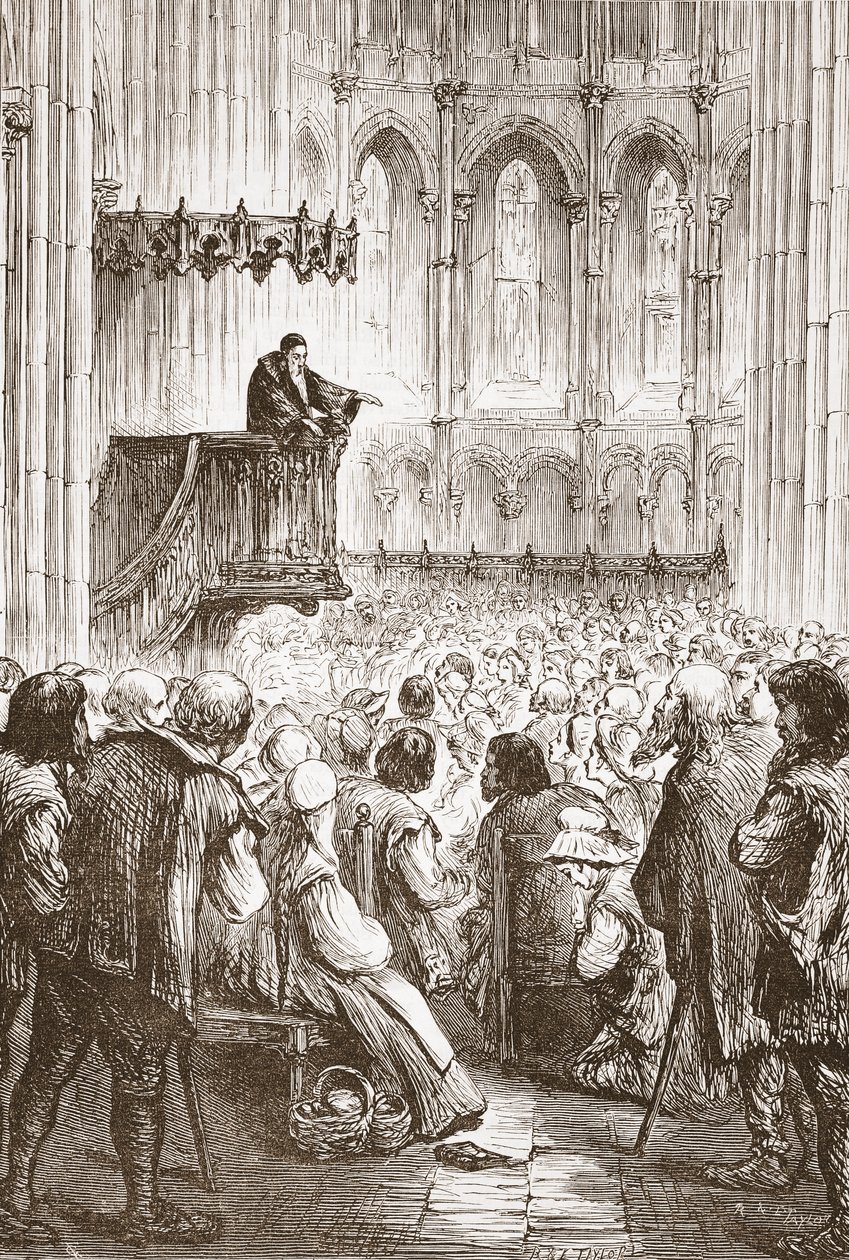 Calvin káže své kázání na rozloučenou v očekávání vyhnanství, ilustrace z Historie protestantismu od Jamese Aitkena Wylie (1808-1890), hospoda. 1878 od English School