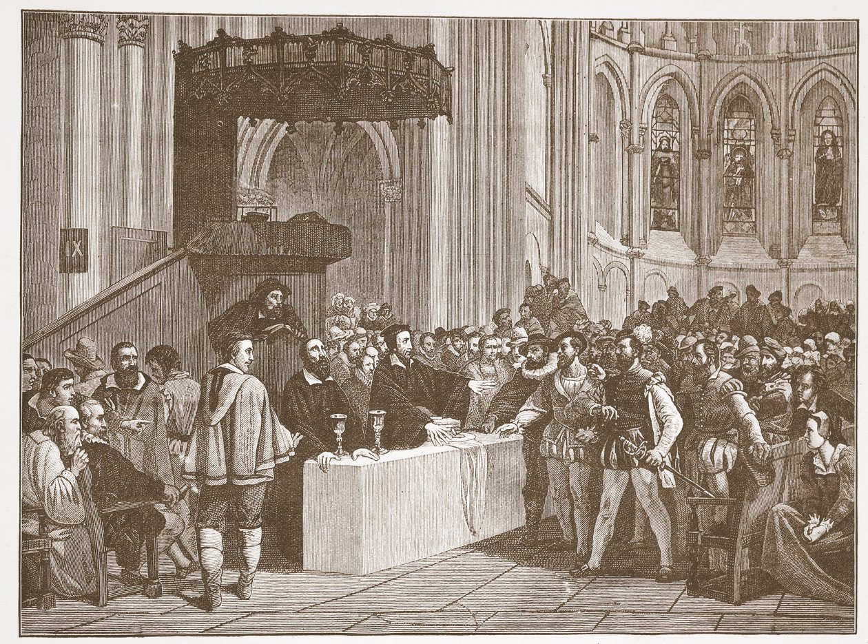 Calvin odmítá večeři pánů Libertinům, v katedrále sv. Petra v Ženevě, ilustrace z Dějin protestantismu od Jamese Aitkena Wylie (1808-1890), hospoda. 1878 od English School