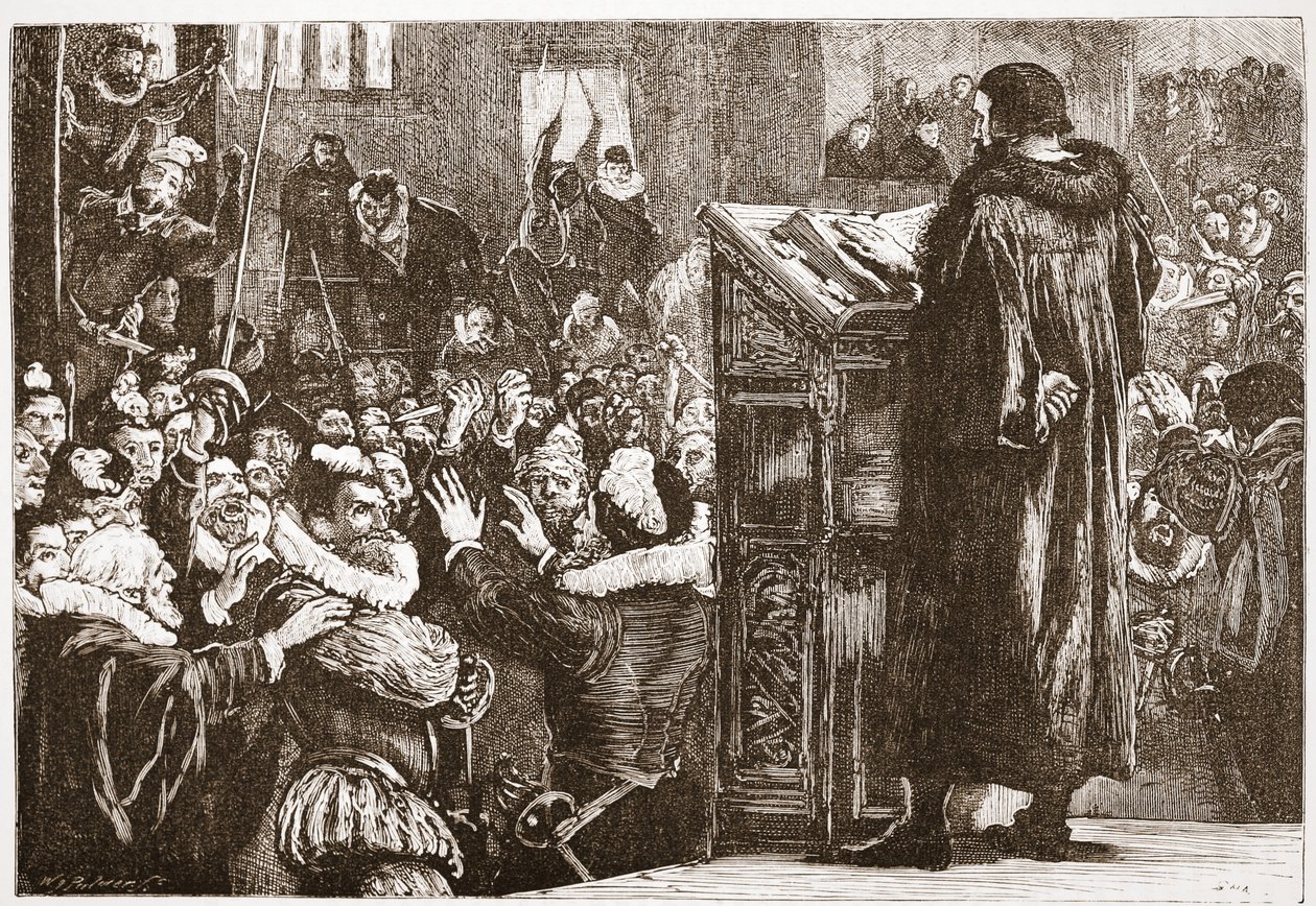 Calvin vyhrožoval v kostele Rive, ilustrace z Historie protestantismu od Jamese Aitkena Wylie (1808-1890), hospoda. 1878 od English School