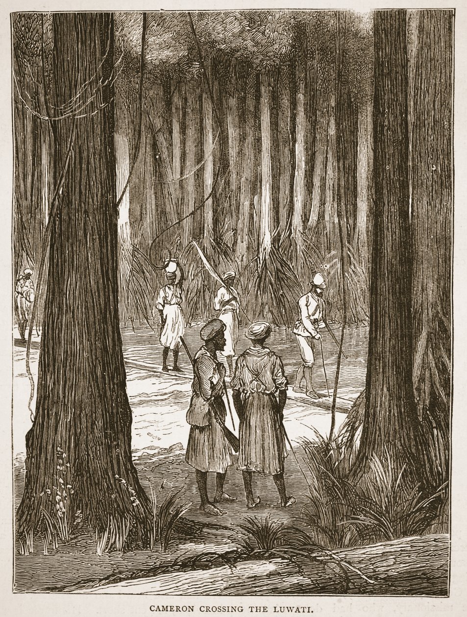 Cameron překračující Luwati, ilustrace z Obrazového vydání života a objevů Davida Livingstona od J. Ewinga Richieho, pub. od A. Fullarton & Co., 1876 od English School
