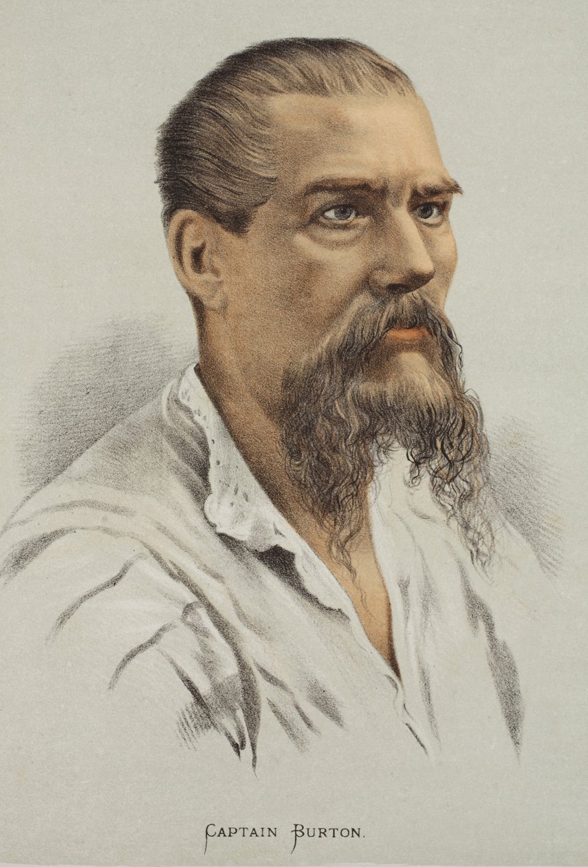 Kapitán Burton, ilustrace z Obrazového vydání života a objevů Davida Livingstona od J. Ewinga Richieho, pub. od A. Fullarton & Co., 1876 od English School