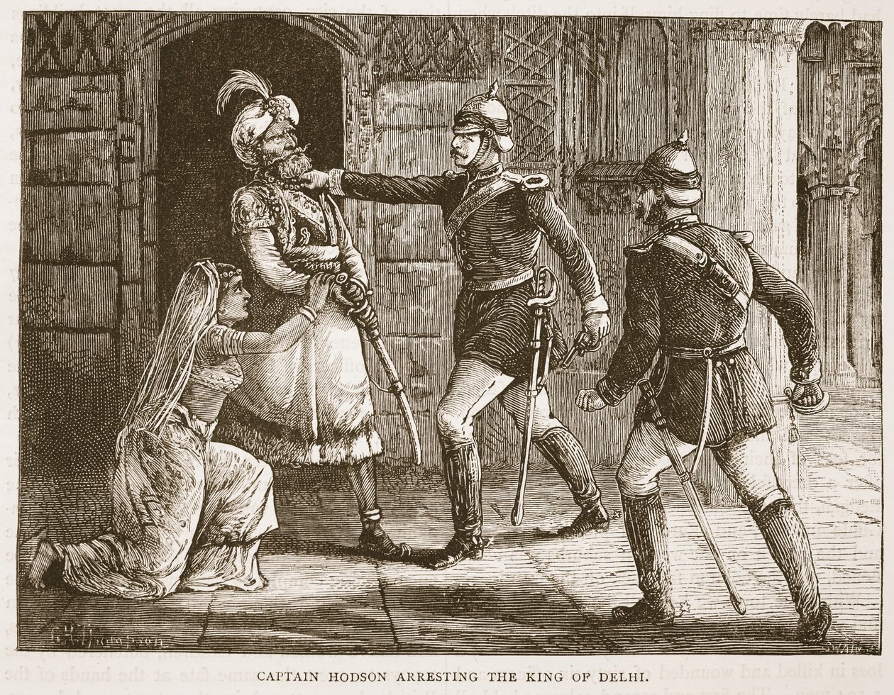 Kapitán Hodson zatýká krále Dillí, ilustrace z Cassells Illustrated History of England od English School