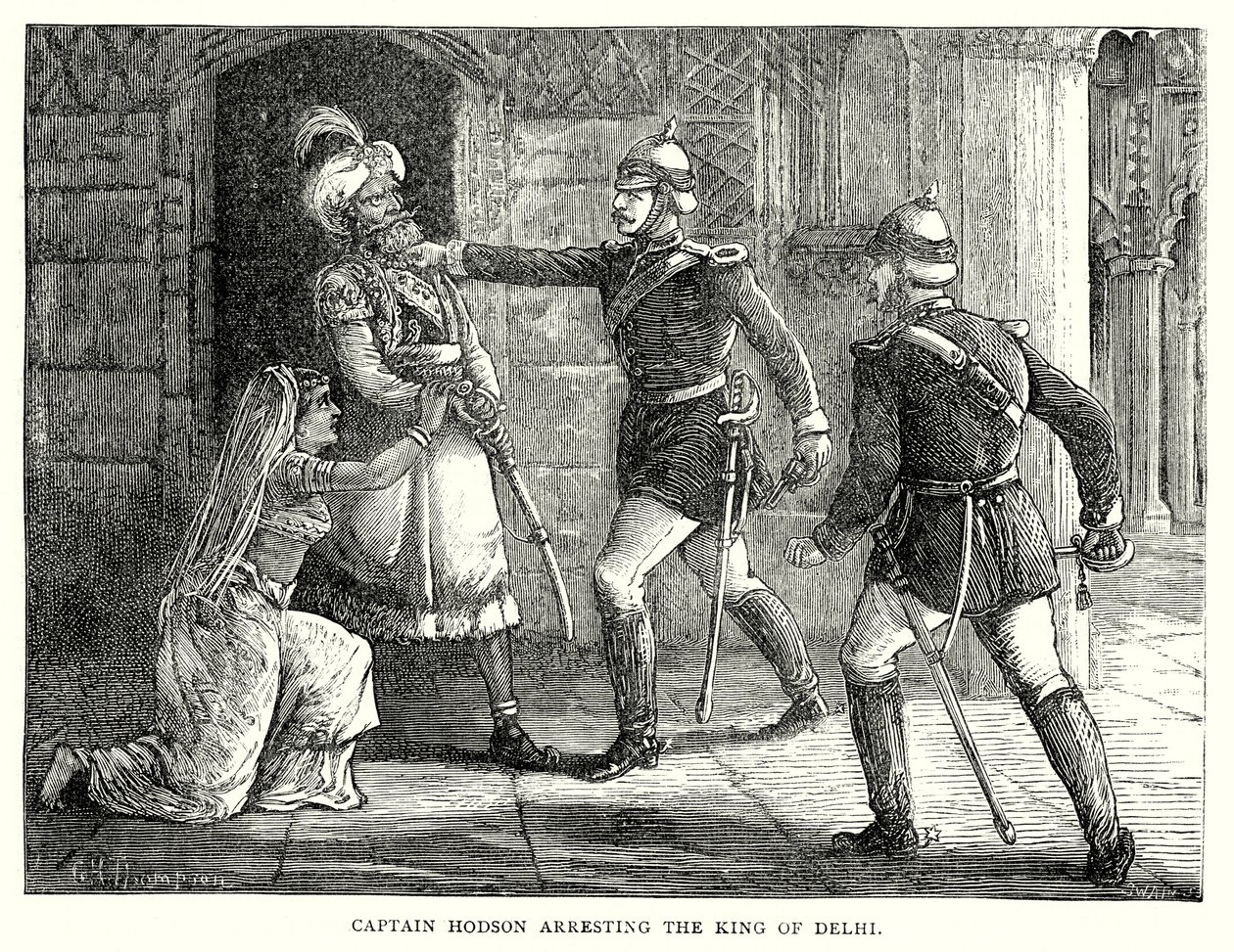 Kapitán Hodson zatýká krále Dillí (rytina) od English School