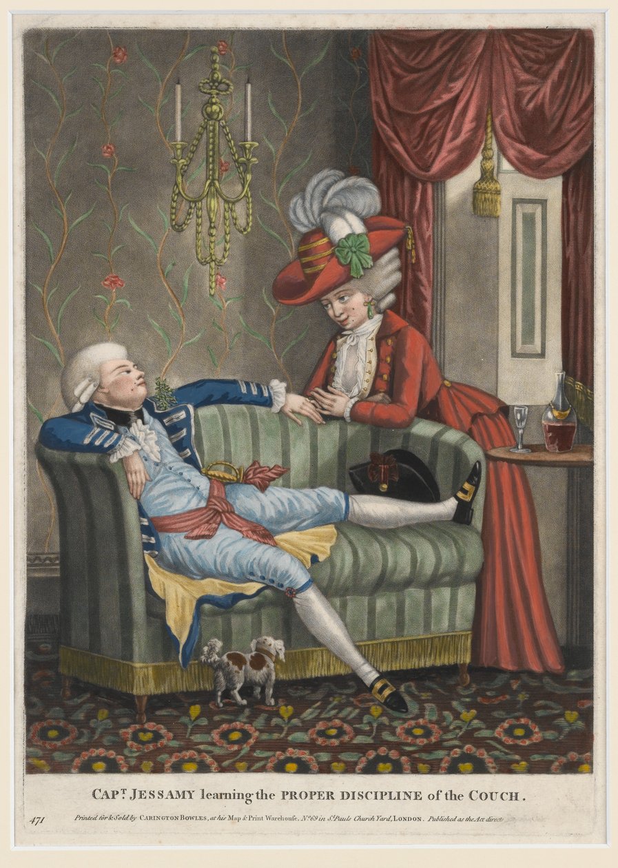 Kapitán Jessamy se učí Správnou disciplínu gauče, kolem roku 1782 (ručně kolorovaná mezzotinta) od English School