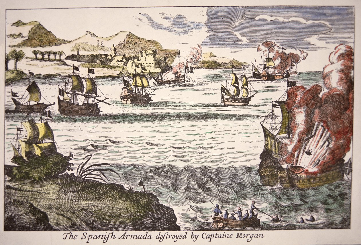 Kapitán Morgan poráží španělské válečné lodě blokující ústí jezera Maracaibo v roce 1669 (barevná rytina) od English School