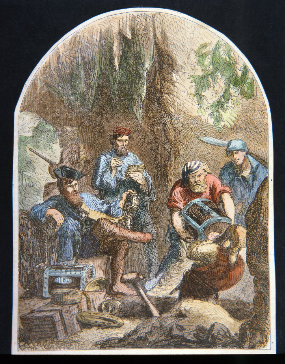 Kapitán William Kidd ukrývá poklad v jeskyni (barva litho) od English School