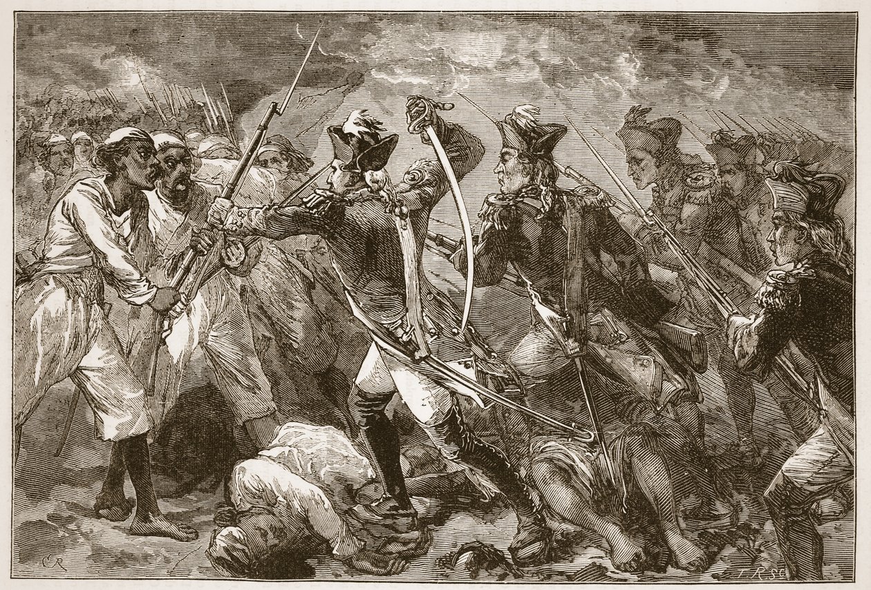 Kapitán Yorke vede opuštěnou naději v Masulipatnam, Ilustrace z Cassellových Ilustrovaných dějin Indie od Jamese Granta, hospoda. 1879 od English School