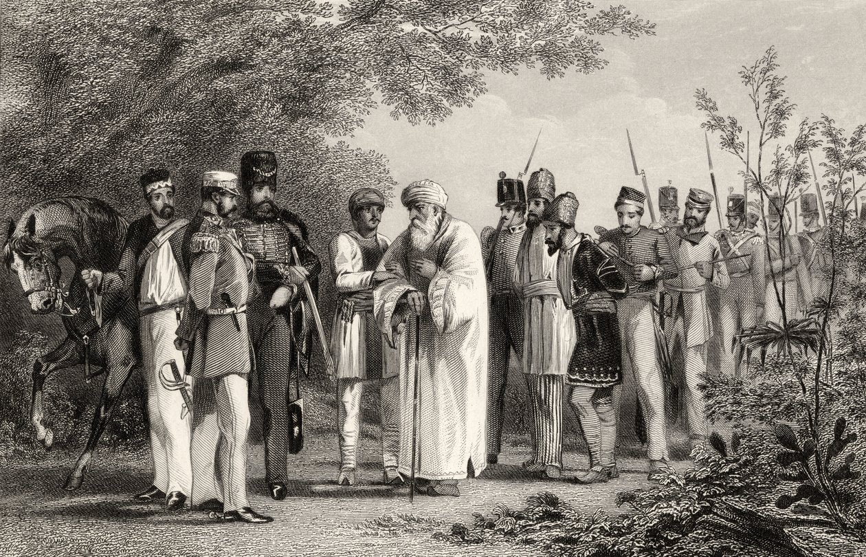 Zajetí krále Dillí kapitánem Hodsonem, z „Historie indické vzpoury“ vydané v roce 1858 od English School