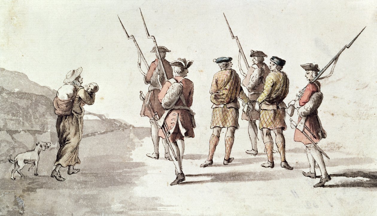 Zajetí rebela, Simon Fraser, Lord Lovat (1667?-1747) (akvarel na papíře) od English School