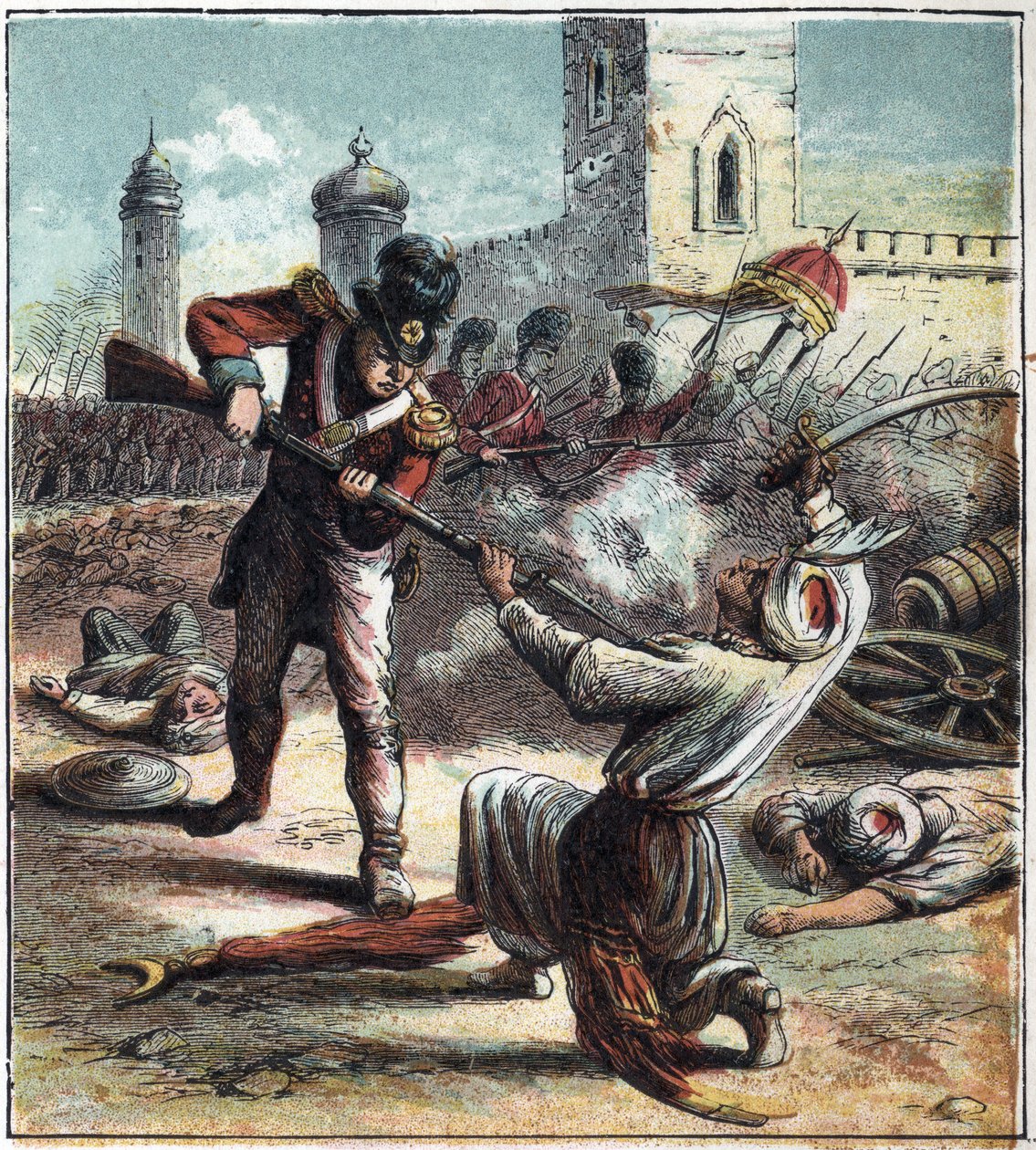 Dobytí města Seringapatam (nebo Srirangapatna), hlavního města Mysore (Maissour) v Indii britskou armádou, které velel vévoda Arthur Wellesley z Wellingtonu (1769-1852) v roce 1799. Tato událost znamenala konec anglo-mysorské války a nadvláda od English School