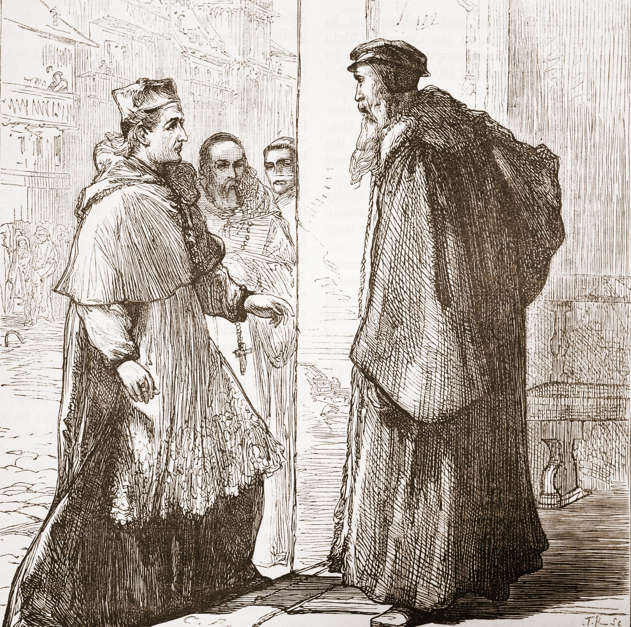 Kardinál Sadoleto navštíví Calvina, ilustrace z Historie protestantismu od Jamese Aitkena Wylie (1808-1890), hospoda. 1878 od English School