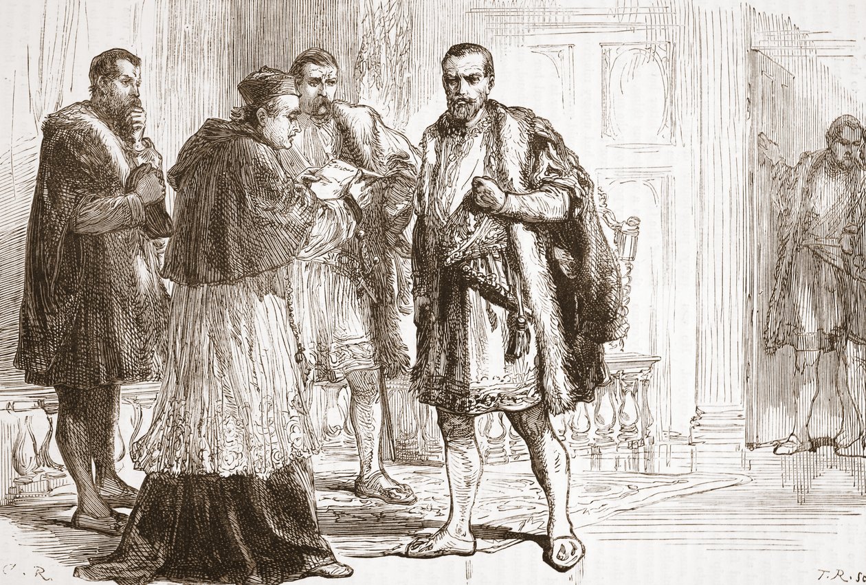 Kardinál de Tournon čte protestantský plakát Františku I., ilustrace z Historie protestantismu od Jamese Aitkena Wylie (1808-1890), hospoda. 1878 od English School