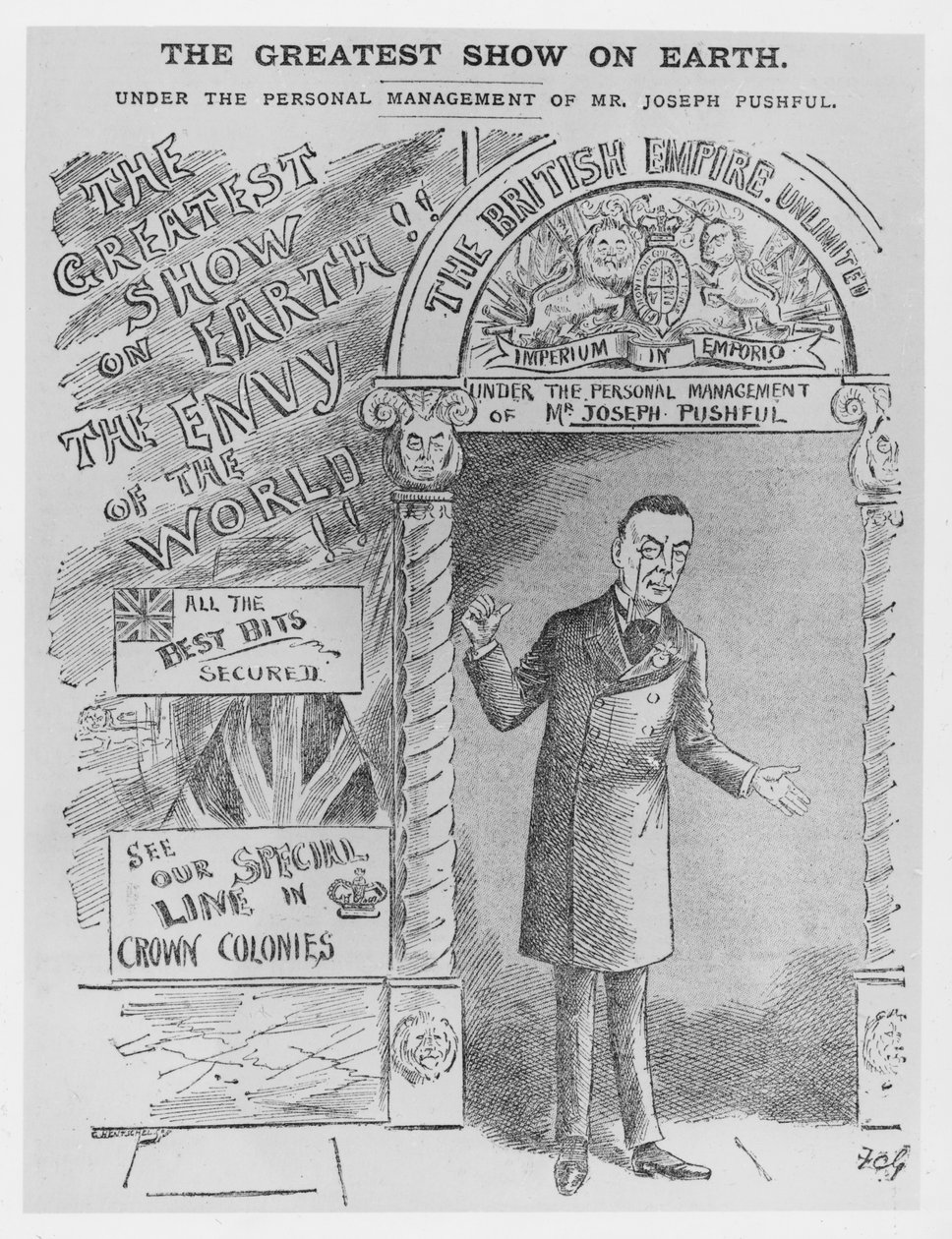 Karikatura Josepha Chamberlaina jako koloniálního tajemníka, kolem roku 1900 od English School