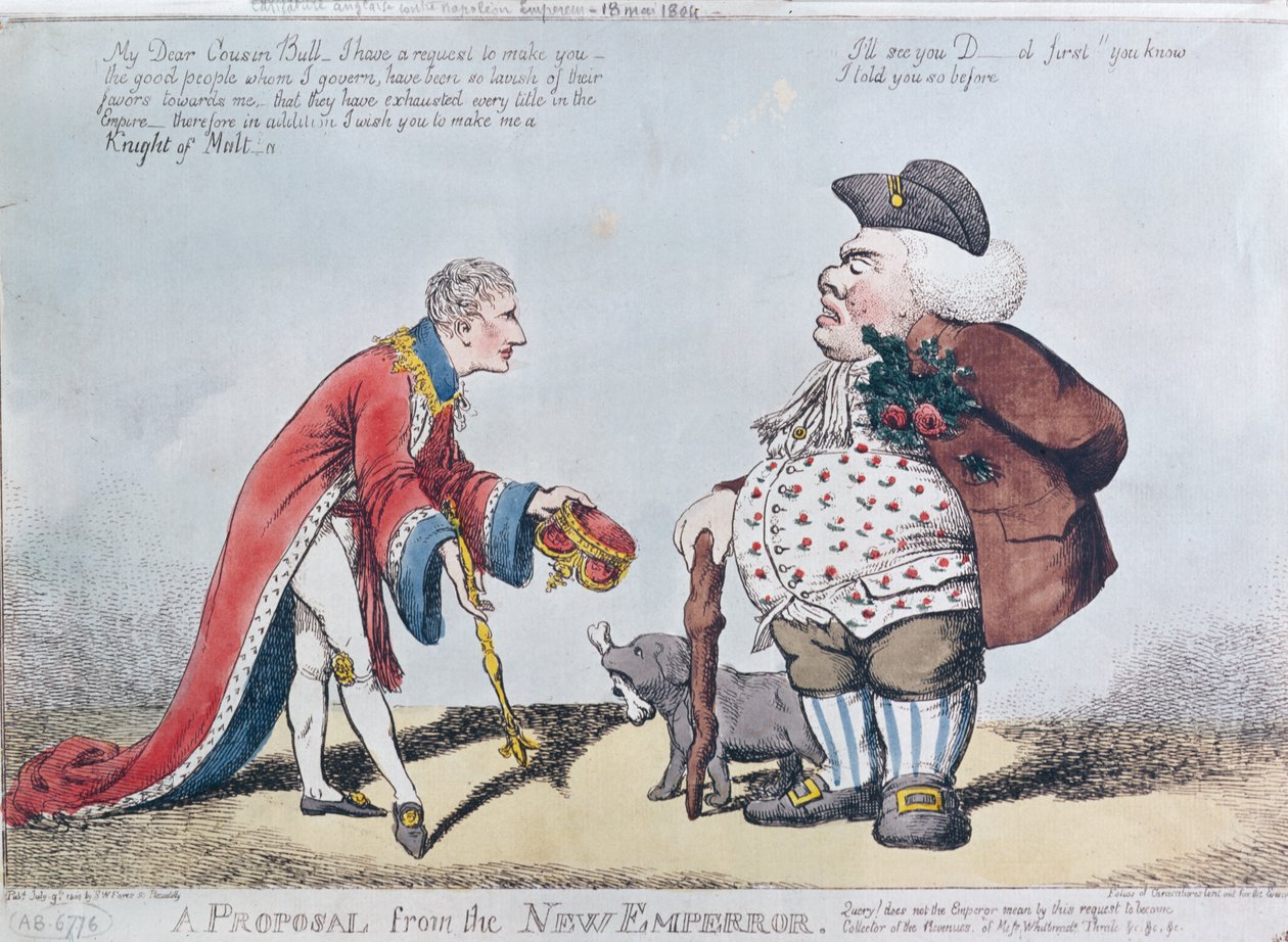 Karikatura zesměšňující Napoleona v době prohlášení Napoleona císařem dne 18. května 1804, 9. července 1804 od English School
