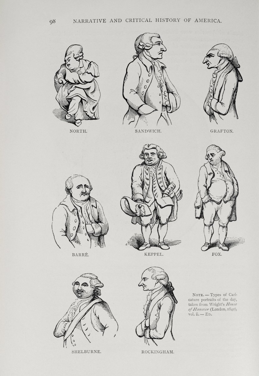 Karikatury z „Narrative and Critical History of America“, editoval Justin Winsor, Londýn, 1886 od English School