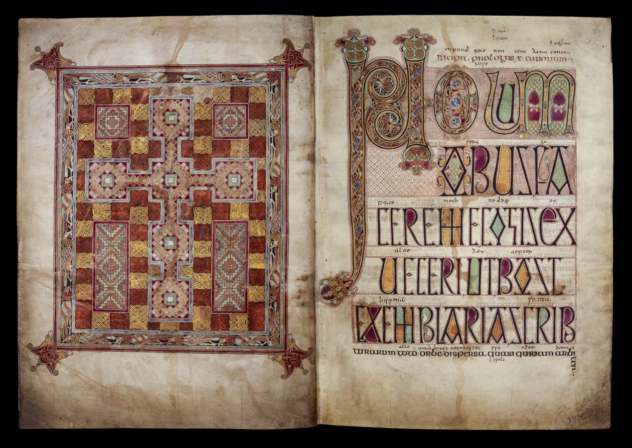 Kobercový list a incipitový list uvozující dopis svatého Jeronýma papeži Damasovi, Cotton Nero D. IV, f.2v a f.3r z Lindisfarne Gospels, 710-721 (pergamen) od English School