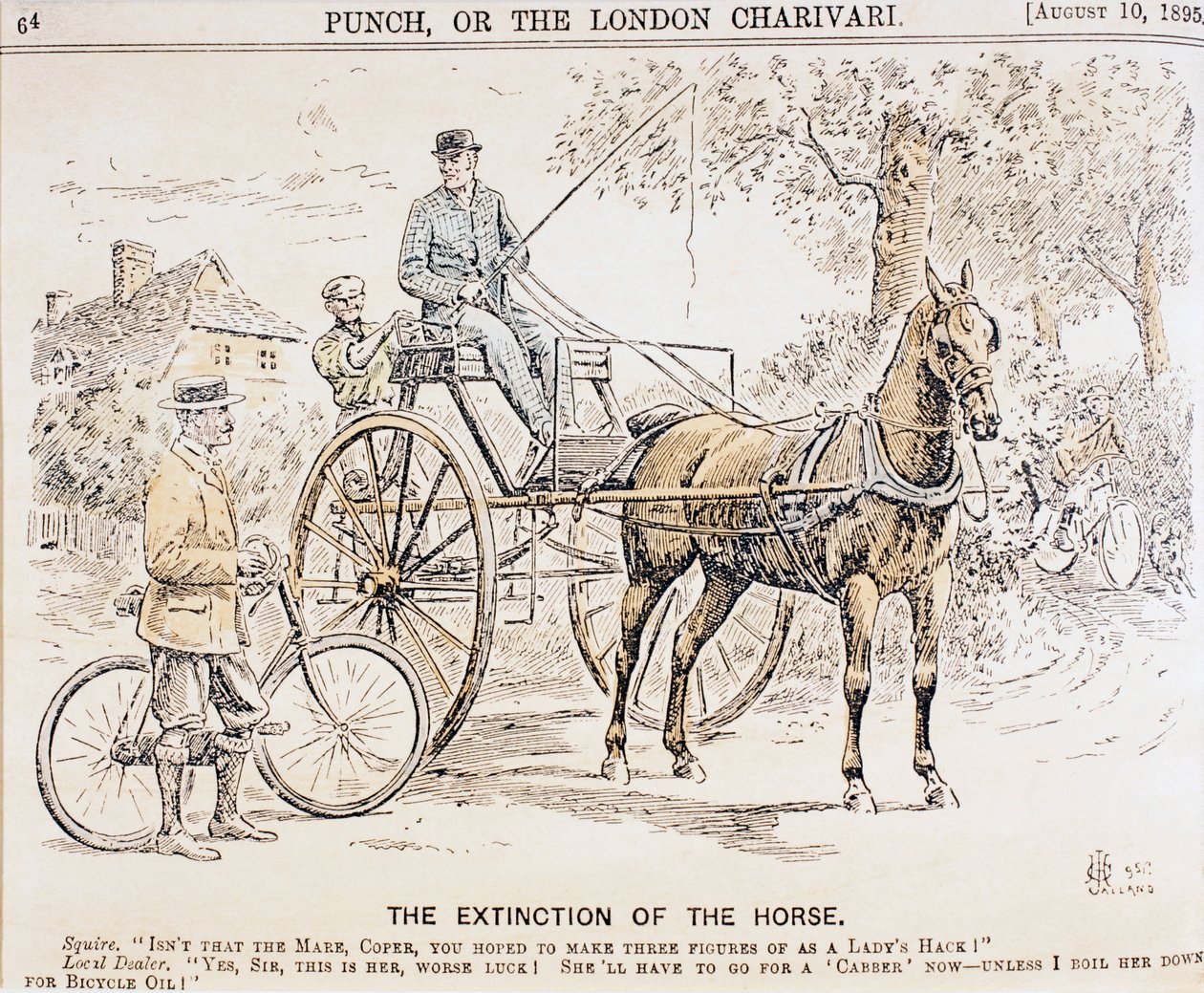 Kreslený film o příchodu jízdních kol a motorizované dopravy a následném ukončení provozu taženého koňmi, z časopisu Punch, 10. srpna 1895 od English School
