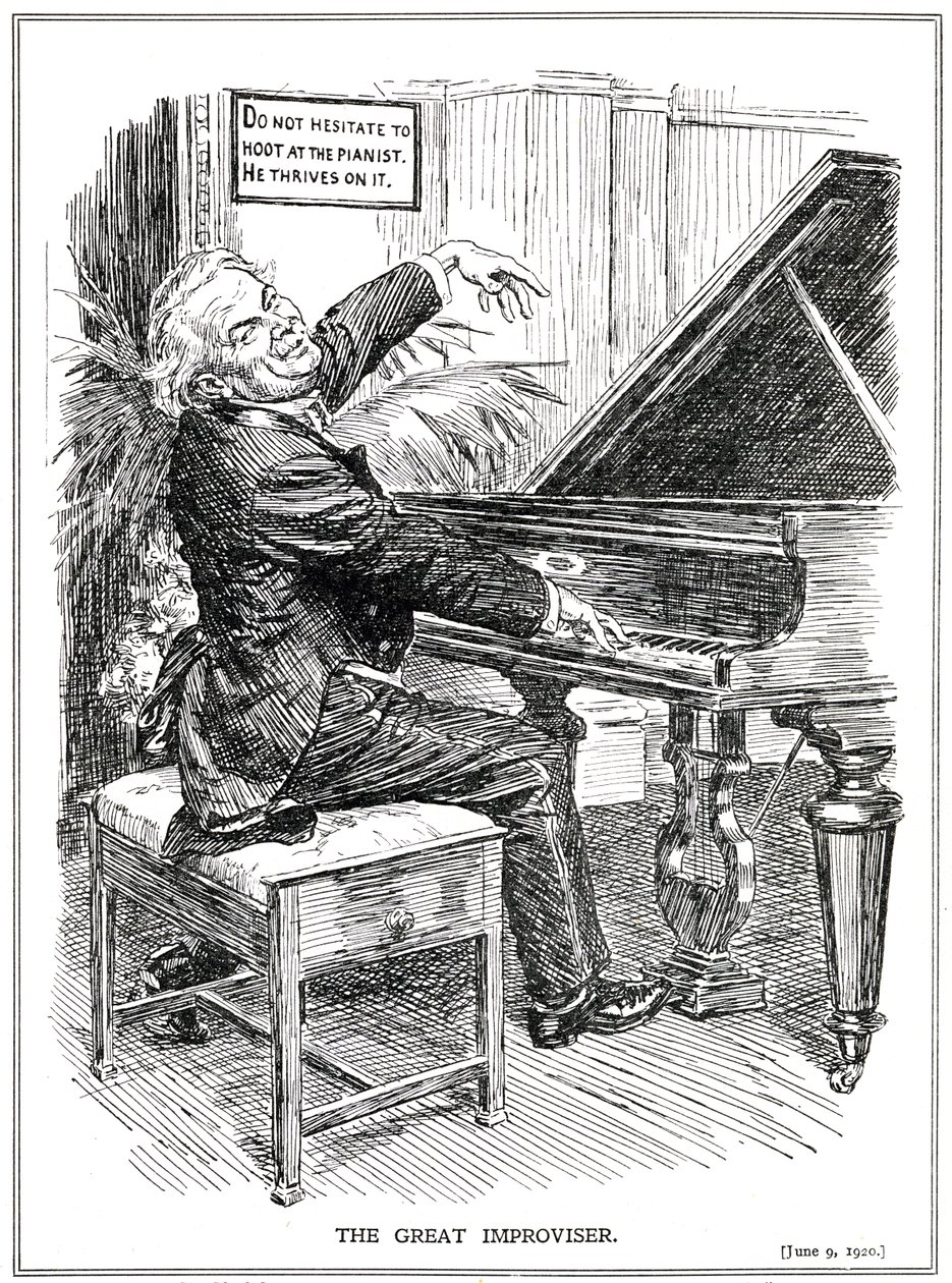 Kreslený parodující LLoyd George jako velký improvizátor nebo vůdce improvizačních toryů, červen 1920 od English School
