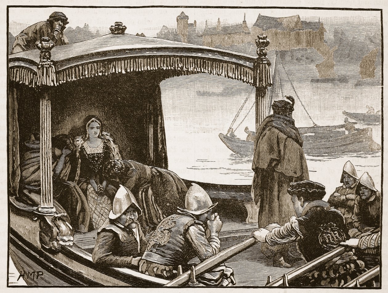 Kateřina Howardová při převozu do Toweru, ilustrace z Cassells Illustrated History of England (sépiová fotografie) od English School