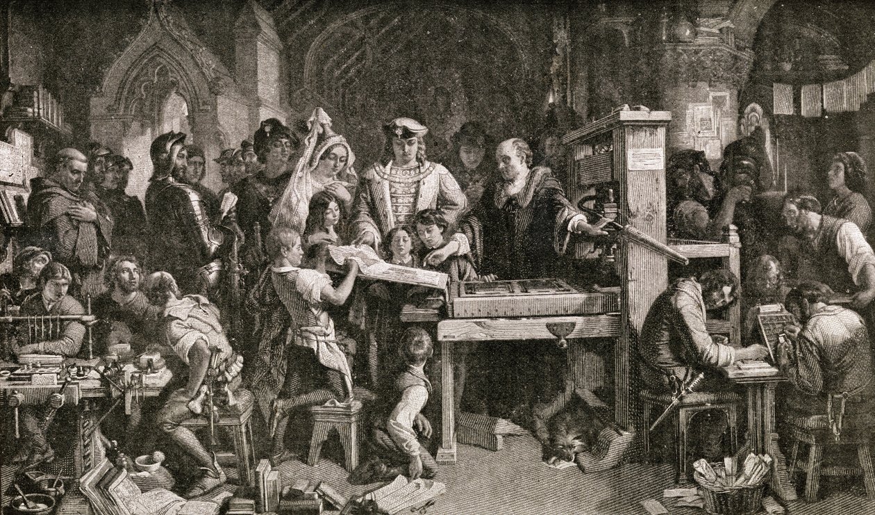 Caxton (c.1422-91) ukazující ukázky jeho tisku králi Edwardu IV v Almonry ve Westminsteru, 1858 od English School