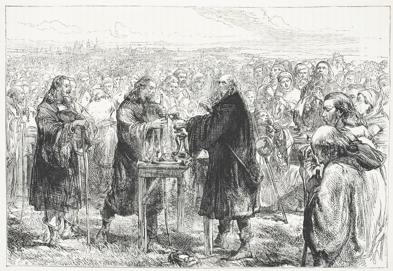 Slavení eucharistie u husitů na poli u Prahy, ilustrace z Dějin protestantismu od Jamese Aitkena Wylie (1808-1890), hospoda. 1878 od English School