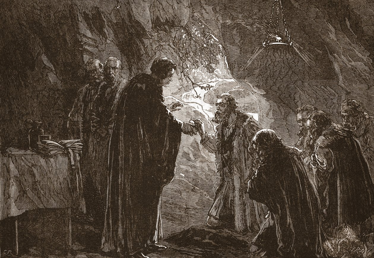Oslava večeře Páně od Calvina a jeho kolegů-protestantů v jeskyni v Poictiers, ilustrace z Historie protestantismu od Jamese Aitkena Wylie (1808-1890), hospoda. 1878 od English School
